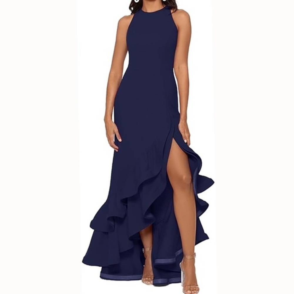 Betsy & Adam Arielle Scuba Crepe Ruffle Slit Gown Navy Size 2